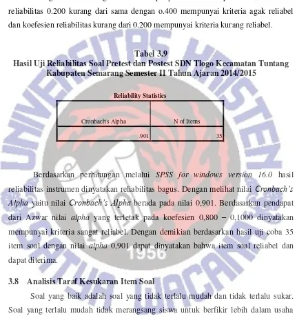 Tabel 3.9 Hasil Uji Reliabilitas Soal Pretest dan Postest SDN Tlogo Kecamatan Tuntang 