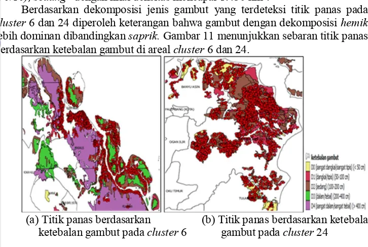 Gambar 11  Sebaran titik panas berdasarkan ketebalan lahan gambut di areal cluster 6 dan 24 