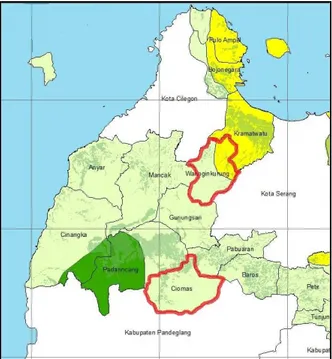 Gambar 1 Peta lokasi pengambilan sampel di  Kabupaten  Serang.  [Sumber:  Google  earth  dan Dinas Pertanian  Kabupaten Serang]  Alat dan Bahan 