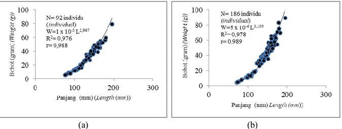 Gambar  6.    Model  regresi  hubungan  panjang-bobot  ikan  nilem  (a)  jantan  (b)  betina  di  perairan  Waduk 