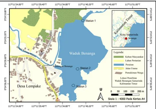 Gambar 1. Peta lokasi dan stasiun perairan Waduk Benanga, Samarinda Kalimantan Timur (Map of study site 