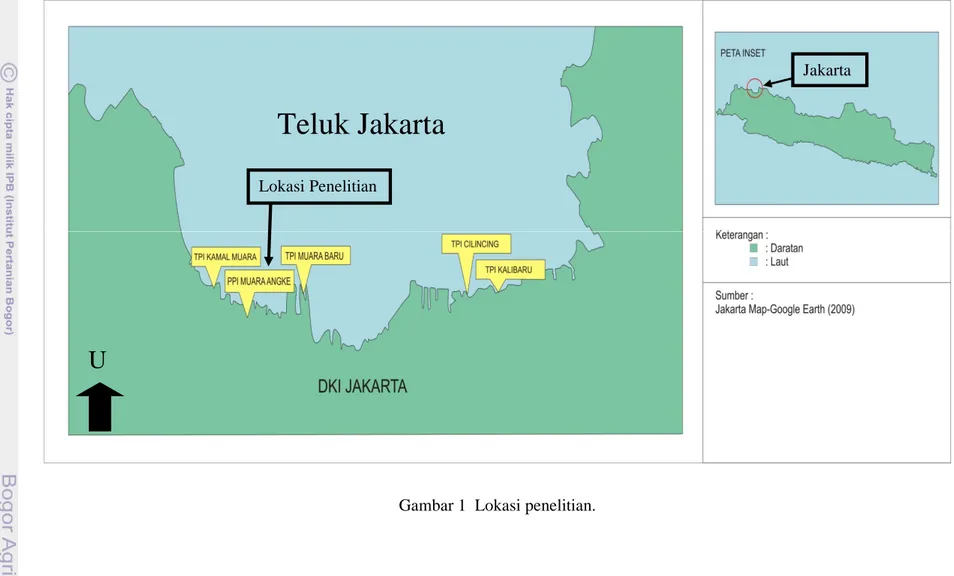 Gambar 1 Lokasi penelitian. 1 4Lokasi PenelitianJakartaTeluk JakartaU