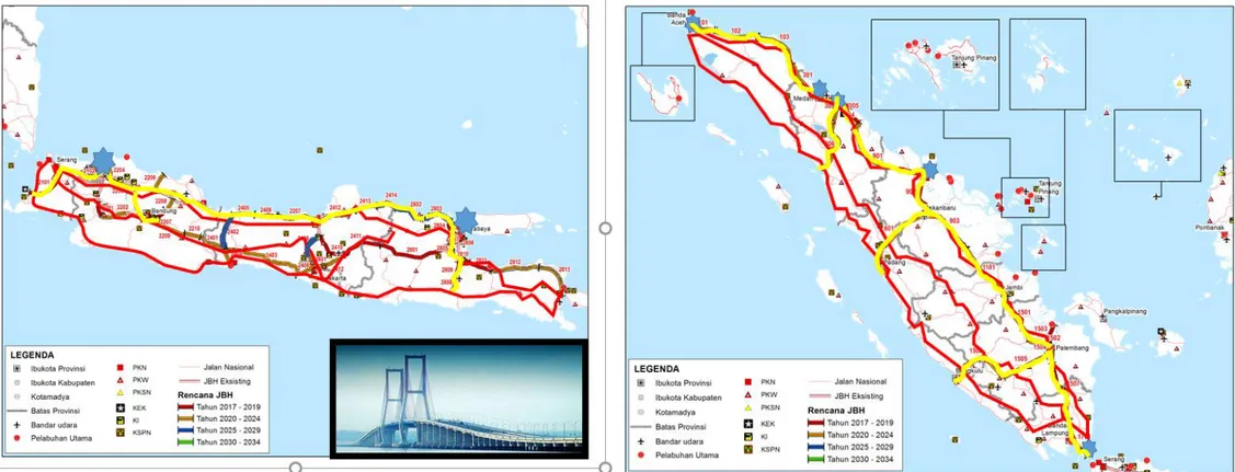Ilustrasi 1: Modernisasi jaringan jalan dengan pembangunan jalan bebas hambatan, maupun, modernisasi jalan nasional (non tol) di Pulau Jawa dan  Pulau Sumatra