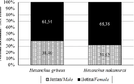 Gambar 3.   Nisbah kelamin Hexanchus spp. di Samudera Hindia selatan Nusa Tenggara (Sex ratio of Hex-