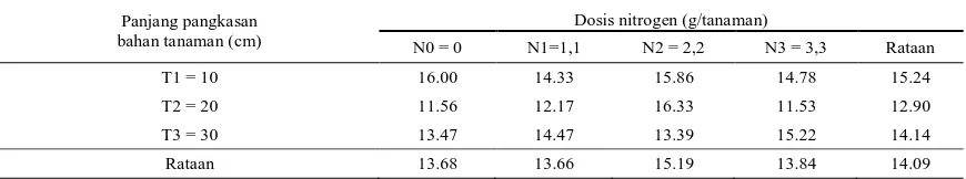 Tabel 4. Rataan jumlah anakan (anakan) pada perlakuan dosis nitrogen dan panjang pangkasan bahan tanaman pada 12 MST  