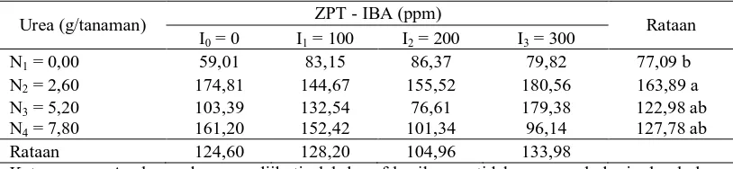 Tabel 2. Rataan   bobot   segar   tajuk  atas   pada   pemberian pupuk nitrogen dan                 konsentrasi  ZPT-IBA terhadap pertumbuhan vetiver
