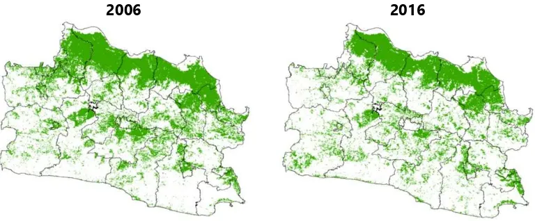 Gambar 5. Distribusi spasial sawah di Provinsi Jawa Barat berdasarkan Citra MODIS EVI 2006 dan 2016 