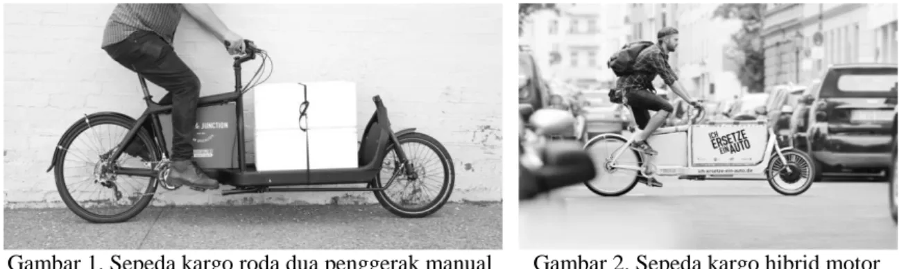 Gambar 1. Sepeda kargo roda dua penggerak manual Gambar 2. Sepeda kargo hibrid motor  listrik roda depan