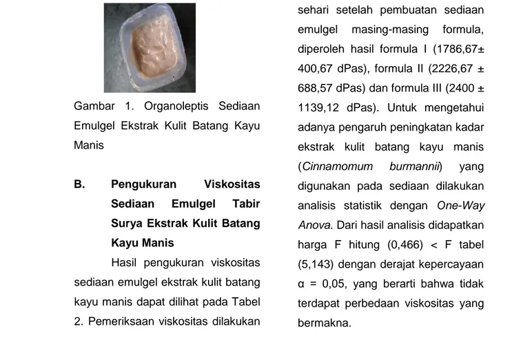 Tabel 2. Viskositas Sediaan Emulgel 1 % (Formula I), 2 % (Formula II) dan 3 %  (Formula III)  Replikasi  Formula  1  2  3  Rerata ± SD  I  1480  1640  2240  1786,67 ± 400,67  II  1680  3000  2000  2226,67 ± 688,57  III  3400  2640  1160  2400  ±  1139,12 