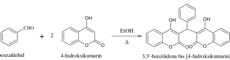 Gambar 3. Perkiraan reaksi sintesis 3,3’-benzilidena bis [4-hidroksikumarin] (Mintas et al., 2000) 