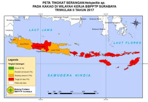 Gambar  2  : Peta Tingkat Serangan Helopeltis sp.  pada Tanaman Kakao  Triwulan II Tahun  2017 