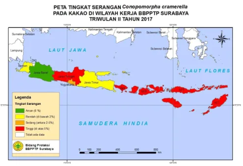 Gambar 4    :     Peta Tingkat Serangan C. cramerella pada Tanaman kakao Triwulan II 2017  Sumber        :    Bidang Proteksi BBPPTP Surabaya 2017 