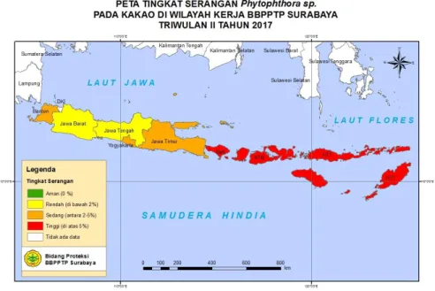 Gambar 5    :     Peta Tingkat Serangan Phytophthora sp.  pada Tanaman kakao Triwulan II 2017  Sumber        :    Bidang Proteksi BBPPTP Surabaya 2017 
