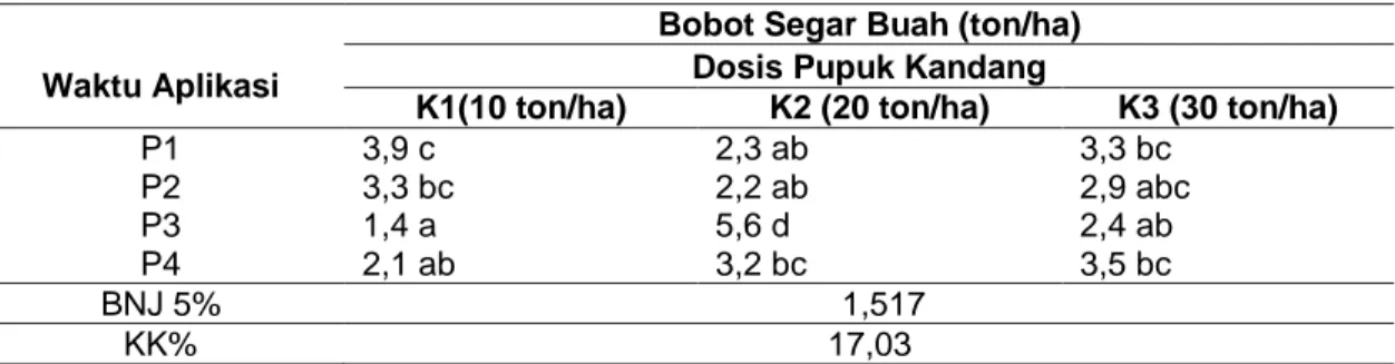 Tabel  9.  Bobot  segar  buah  per  hektar  (ton)  akibat  dosis  pupuk  kandang  dan  waktu  aplikasi 