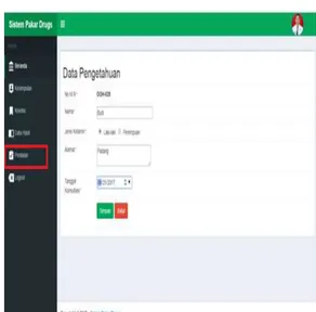 Gambar 1. Form Input Biodata Pasien  Berdasarkan pada gambar diatas, pada  form  input  biodata  pasien  maka  secara  otomatis data user akan tersimpan kedalam  database,    lalu  diarahkan  pada  pemilihan  golongan  narkoba  yang digunakan, seperti  pad