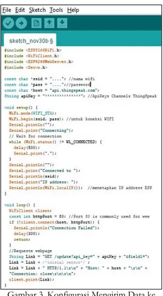 Gambar 3. Konfigurasi Mengirim Data ke  ThingSpeak dengan Arduino IDE ESP8266