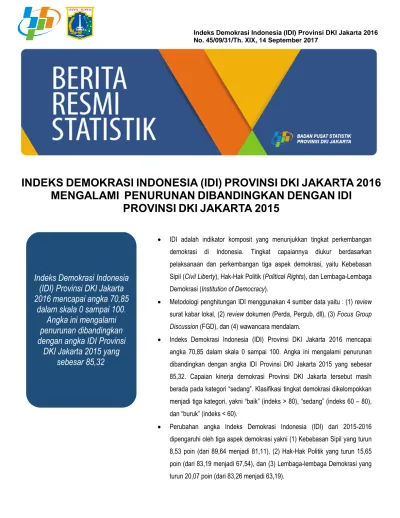 INDEKS DEMOKRASI INDONESIA (IDI) PROVINSI DKI JAKARTA 2016 MENGALAMI ...