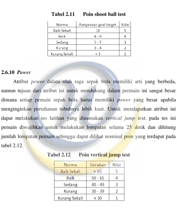 Tabel 2.11  Poin shoot ball test 