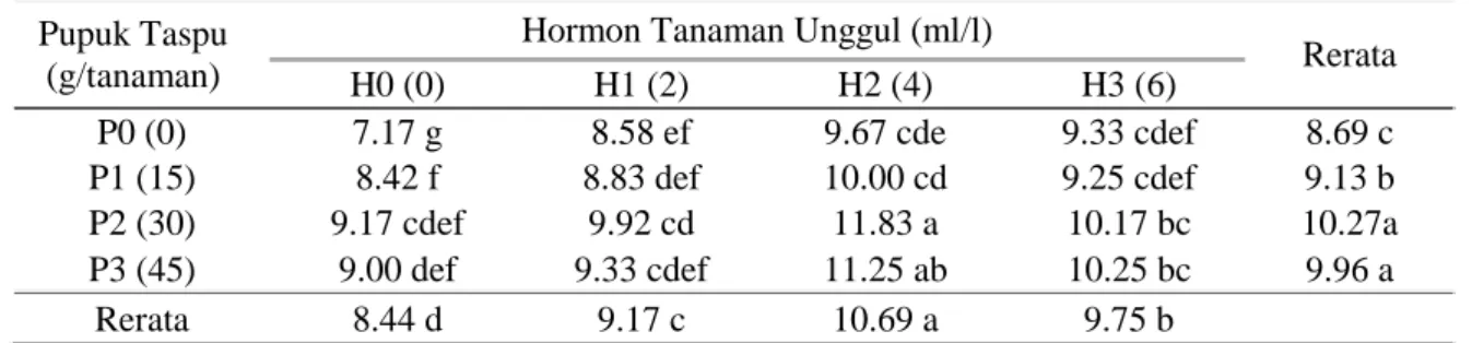 Tabel 1.  Rerata Jumlah Daun Anthurium dengan Perlakuan Pemberian Kompos Tandan Kosong  Kelapa Sawit (Taspu) dan Hormon Tanaman Unggul (Helai) 