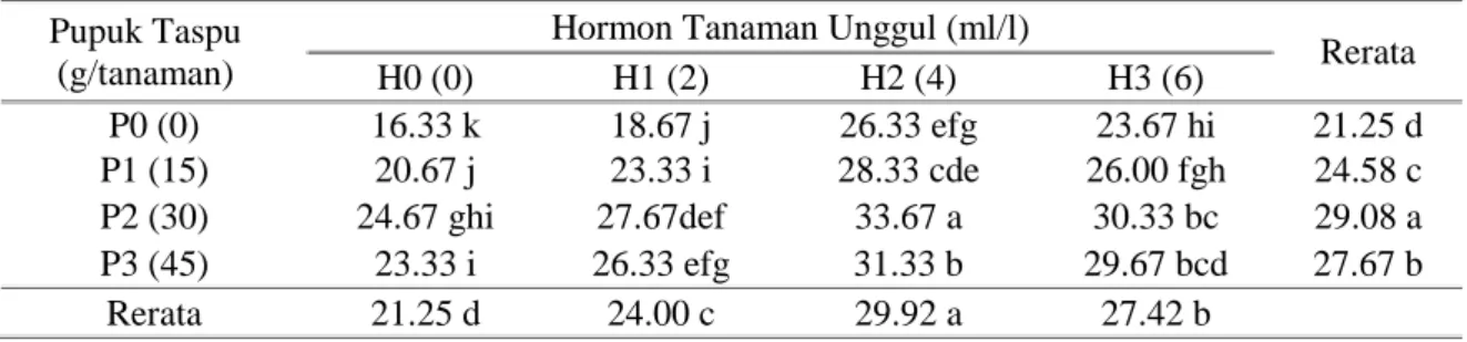 Tabel 5.   Rerata Volume Akar Anthurium dengan Pemberian Kompos Tandan Kosong Kelapa  Sawit (Taspu) dan Hormon Tanaman Unggul (ml) 
