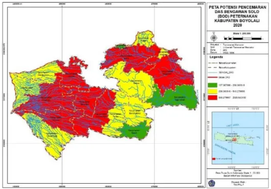 Gambar 8.  Peta Potensi Pencemaran DAS Bengawan Solo (BOD) Peternakan Kabupaten Boyolali 2018 