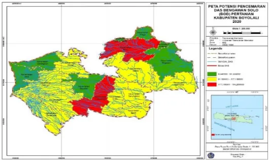 Gambar 2. Peta Potensi Pencemaran DAS Bengawan Solo (BOD) Pertanian Kabupaten Boyolali 2018 
