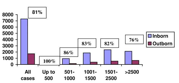 Fig 5. Case distribution according to BW groups and inborn - outborn status, 2005 
