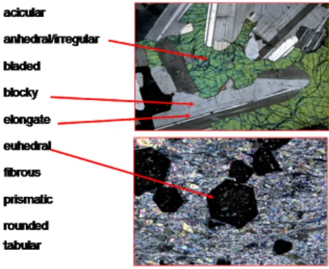 Gambar 5. Gambar atas: bentuk-bentuk mineral blocky, irregular; gambar bawah: