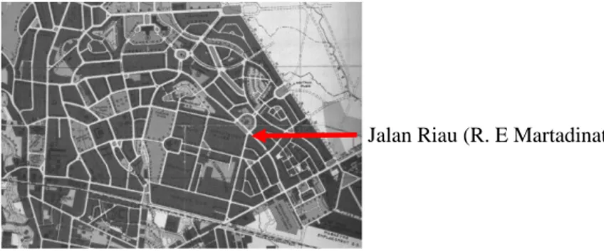 Gambar 2. Lokasi jl. R.E Martadinata (Riau), Kelurahan Cihapit, Kecamatan Bandung Wetan-Bandung   Bangunan ini tidak didisain oleh seorang arsitek karena pada periode awal abad 20 masih belum ada  arsitek  profesional