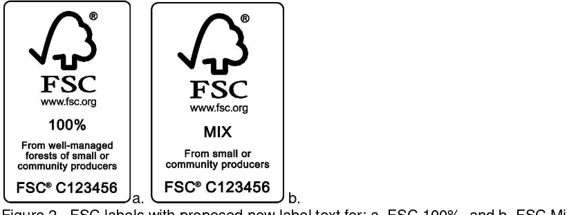 Figure 2.  FSC labels with proposed new label text for: a. FSC 100%, and b. FSC Mix. 