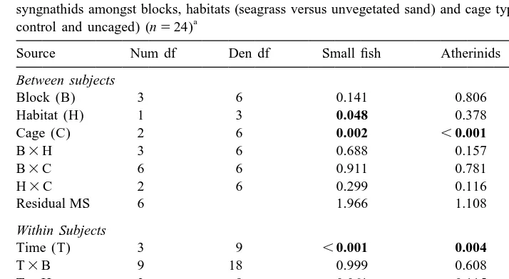 Table 2Three factor repeated measures analysis of variance comparing the numbers of small ﬁsh (total), atherinids and