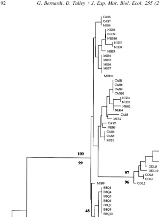 Fig. 2. Phylogenetic relationships between California killiﬁsh. The phylogenetic tree, based on mitochondrialcontrol region (D-loop) sequences, was obtained using the Neighbor-Joining method implemented by theshown above the nodes (for the Neighbor-Joining
