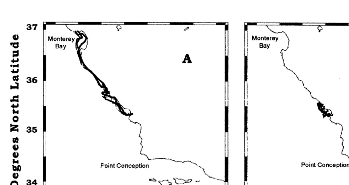 Fig. 3. Trajectories of drifters released in the Santa Maria Basin: (A) December 1996, drifters 363–364 (eachwas tracked for 14 days), and (B) July 1997, drifters 419 (tracked for 38 days)–420 (beached in 3 days).