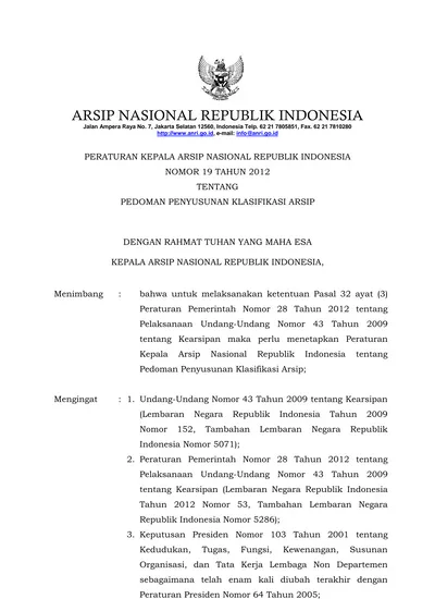 PERATURAN KEPALA ARSIP NASIONAL REPUBLIK INDONESIA NOMOR 19 TAHUN 2012 ...