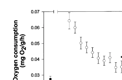 Fig. 4. The effect of handling and emersion on oxygen consumption (mean6S.E.)(mg O /g/h) of the southernrock lobster,2 Jasus edwardsii (N510)