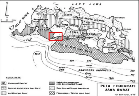 Gambar 1. Pembagian Fisiografi Jawa Barat (Van Bemmelen, 1949; dalam Aswinda, 2011)  daerah penelitian berada dalam kotak merah