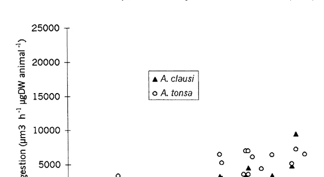 Fig. 2. Relationship between the food ingestion (in volume units) and the particles concentration in Acartiaclausi and Acartia tonsa.
