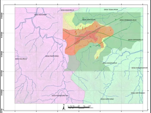 Gambar  I.3.  Peta  Perbandingan  peta  alterasi  penelitian  terdahulu  (Idrus  dkk,  2013)  dengan  penelitian saat ini menunjukkan perbandingan kurang lebih 1:3, yang  dilatarbelakangi oleh  peta  batas  Kecamatan  Borobudur  (hijau  muda)  dan  Kecamat