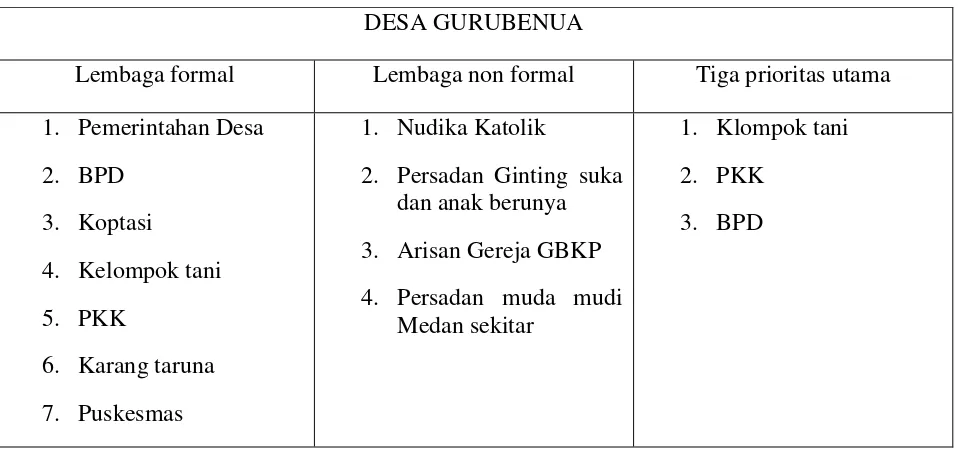Tabel 2.1 Lembaga formal dan non formal yang ada di Desa Gurubenua 