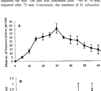 Fig. 1. After 5 min, ﬁsh baits of 1 cm3departed after 75 min. Conversely, the numbers ofeach had attracted a mean of ﬁvefestivusfestivuspeaked at a mean of 41 after 30 min