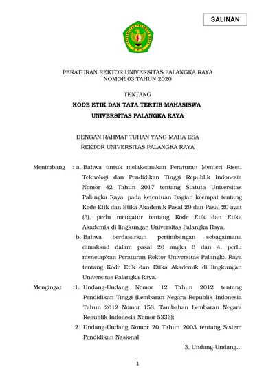 PERATURAN REKTOR UNIVERSITAS PALANGKA RAYA NOMOR 03 TAHUN 2020 TENTANG ...