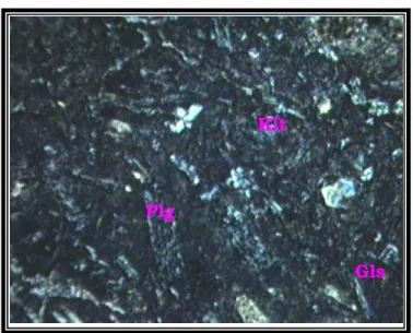 Gambar 4.1. Sayatan batuan basalt terdiri dari mineral Klorit (Klt) sebagai mineral  ubahan mineral mafik, Plagioklas (Plg), Gelas (Gls) serta tekstur porfiritik penciri  sebagai intrusi