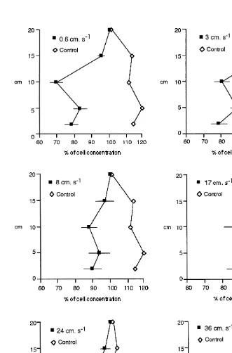 Fig. 3. Vertical proﬁles of algal cell concentrations (mean6S.E.) after depletion by Ruditapes decussatus (j)at different current velocities (cm s21) in relation to control algal cell concentrations (�)
