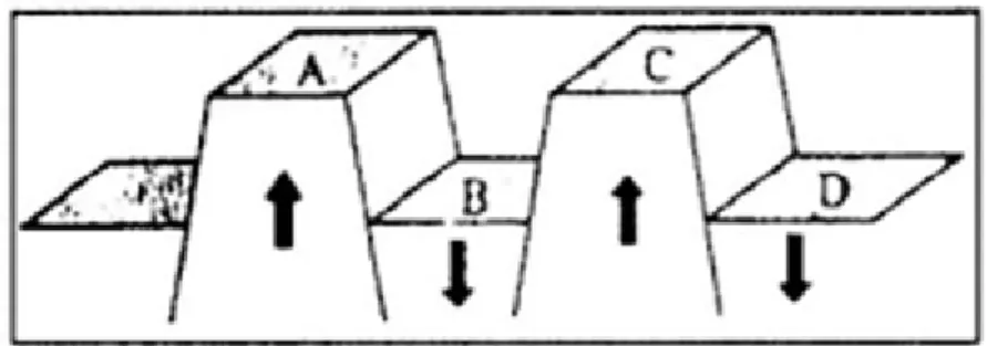 Gambar tersebut merupakan patahan (fault). Patahan yang mengalami gerakan turun seperti hurup B dan D disebut  graben/slenk