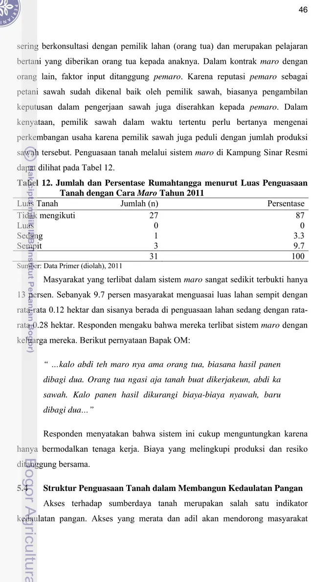 Tabel 12. Jumlah dan Persentase Rumahtangga menurut Luas Penguasaan  Tanah dengan Cara Maro Tahun 2011 