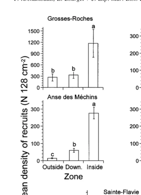 Fig. 7. Mean density of recruits (N. 128 cm22; 6S.E.) for 1994 in each zone within bays (Down