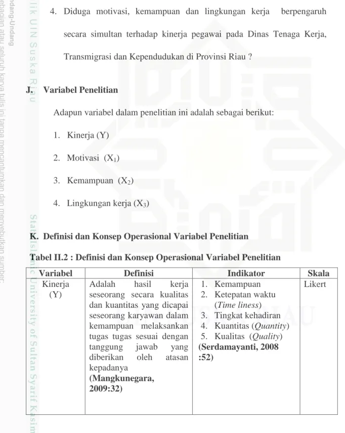 Tabel II.2 : Definisi dan Konsep Operasional Variabel Penelitian 