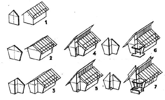 Gambar 1. Sketsa Totok Roesmanto, rumah kampung (1) dan variasi rumah gaya jengki dari dinding yang berbentuk segi lima  (2)