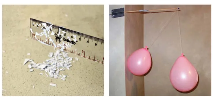 Gambar 1. Penggaris plastik (kiri) dan balon (kanan) setelah digosok dengan kain wol menghasilkan interaksi yang berbeda.