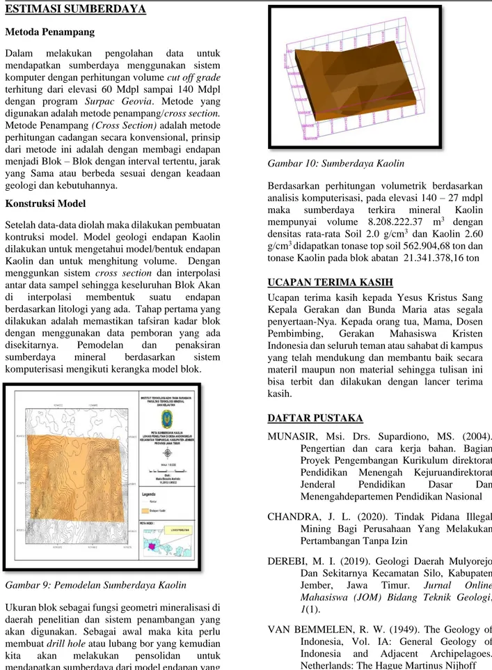 Gambar 9: Pemodelan Sumberdaya Kaolin   Ukuran blok sebagai fungsi geometri mineralisasi di  daerah  penelitian  dan  sistem  penambangan  yang  akan  digunakan